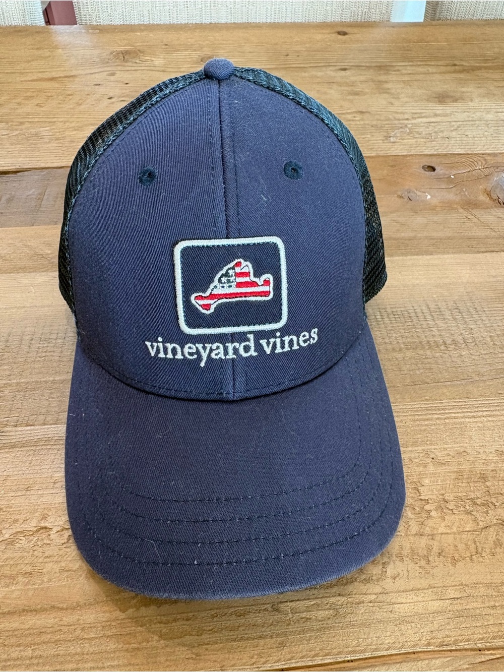 Vineyard Vines Navy and Black Mesh Trucker Hat with Flag Whale Patch